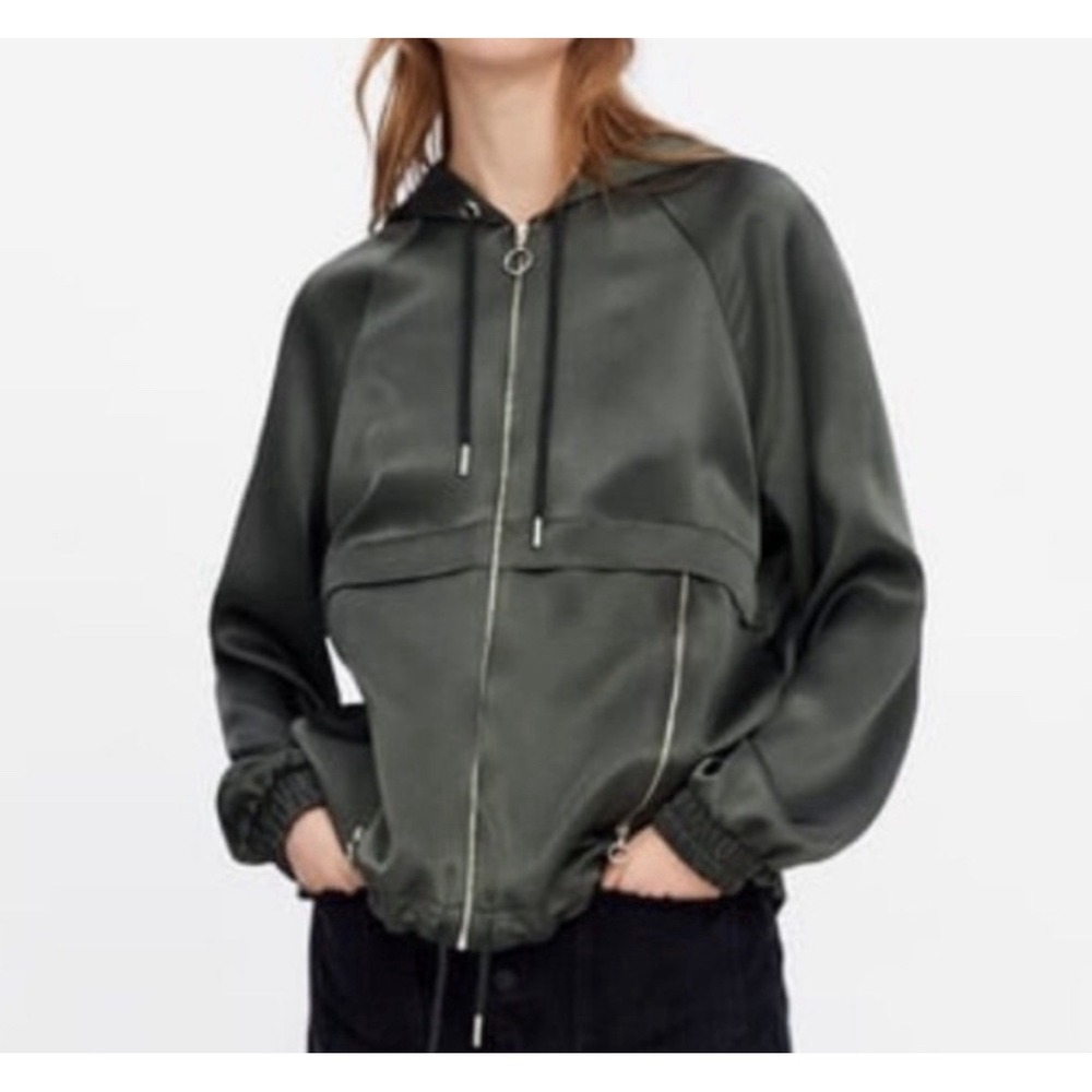 Zara Bomber Jacket Army Silky Viscose Sz Xs Green Silver Ties Bows Summer Popove
